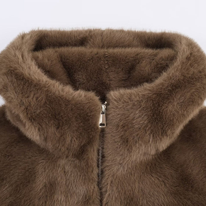 Kurtka Damska z Imitacji Futra z Kapturem i Kieszeniami