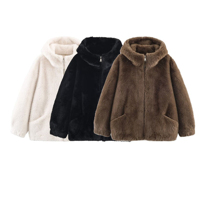 Kurtka Damska z Imitacji Futra z Kapturem i Kieszeniami