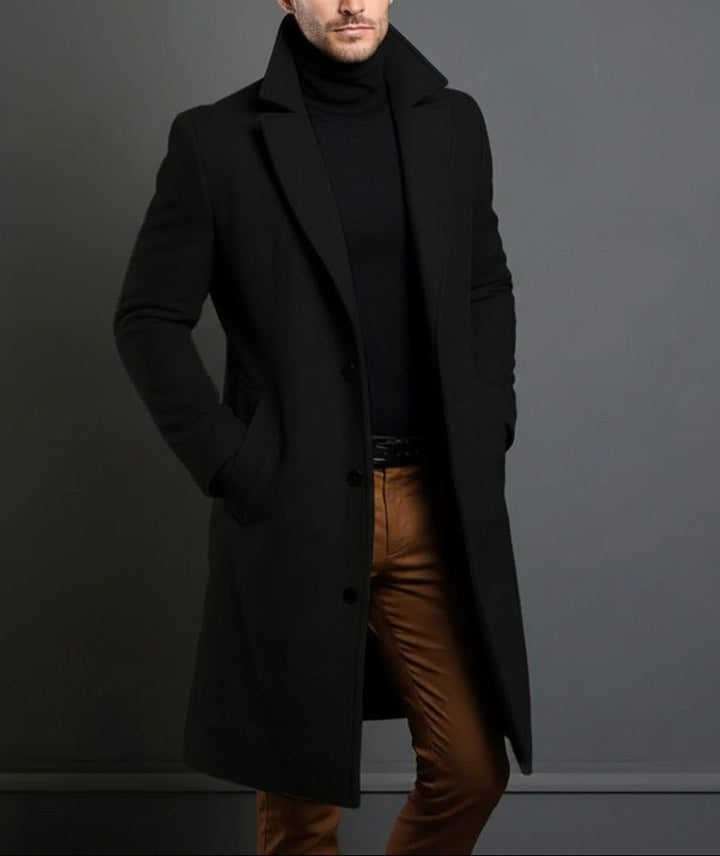 Męski Długi Płaszcz z Klasycznym Kołnierzem