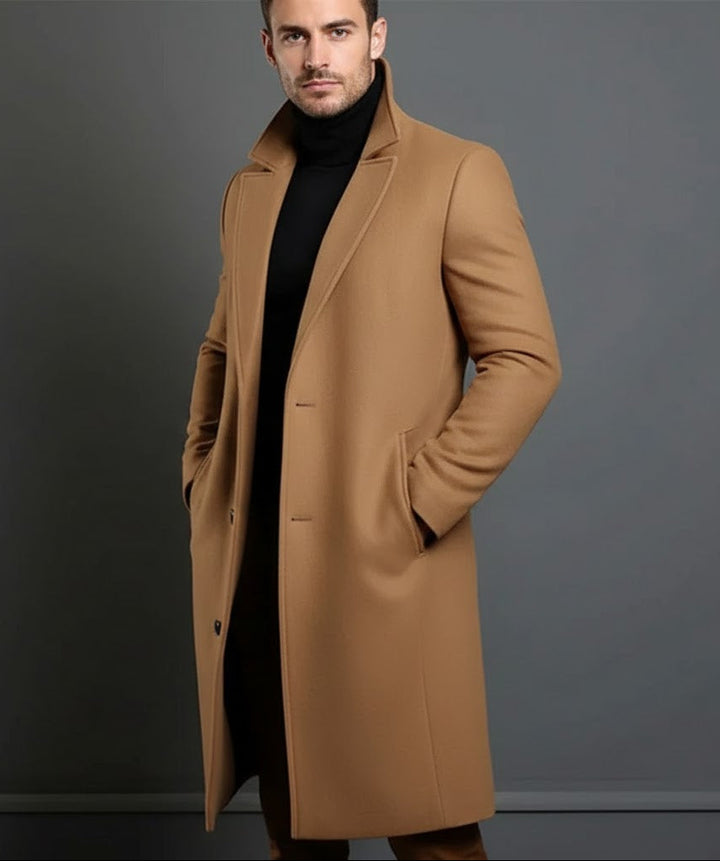 Męski Długi Płaszcz z Klasycznym Kołnierzem