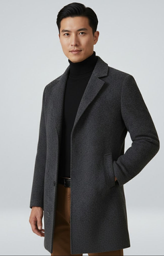 Męski Długi Płaszcz z Klasycznym Kołnierzem