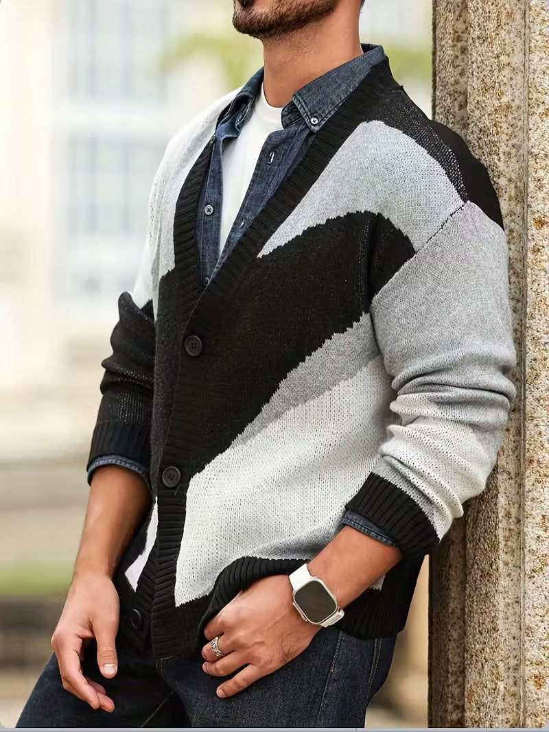 Męski Kardigan na Guziki z Dekoltem w Serek