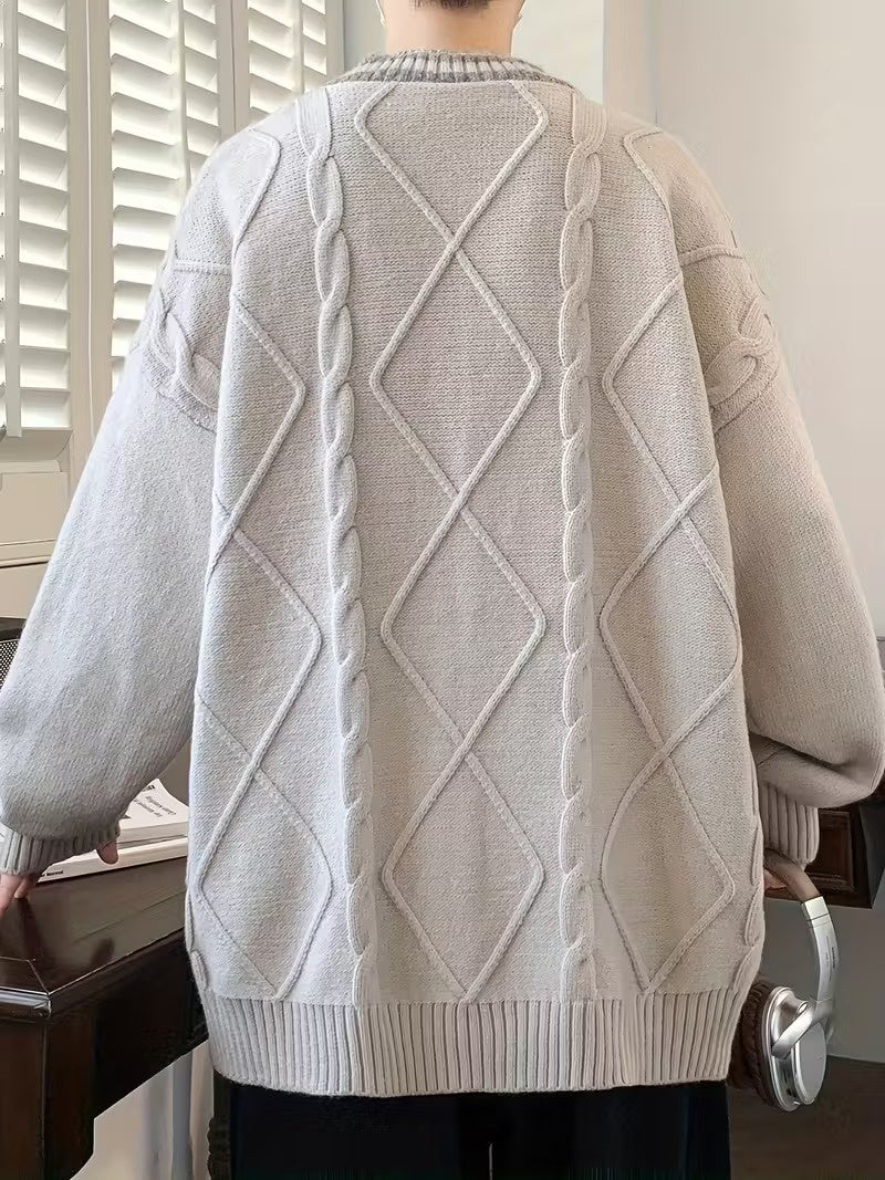 Męski Kardigan na Guziki ze Wzorem w Diamenty