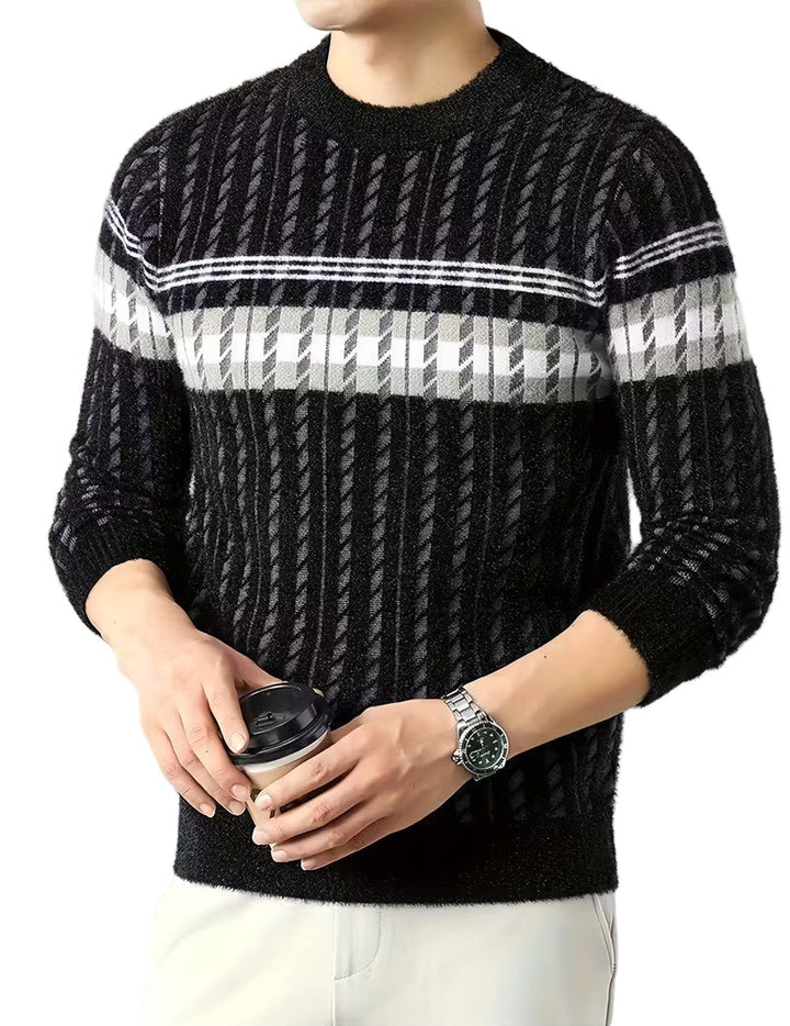 Męski Sweter z Okrągłym Dekoltem i Wzorem w Paski