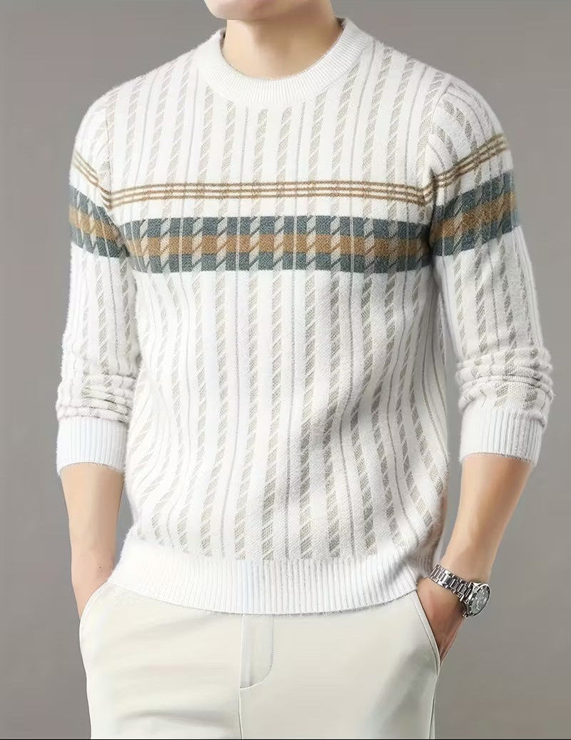 Męski Sweter z Okrągłym Dekoltem i Wzorem w Paski