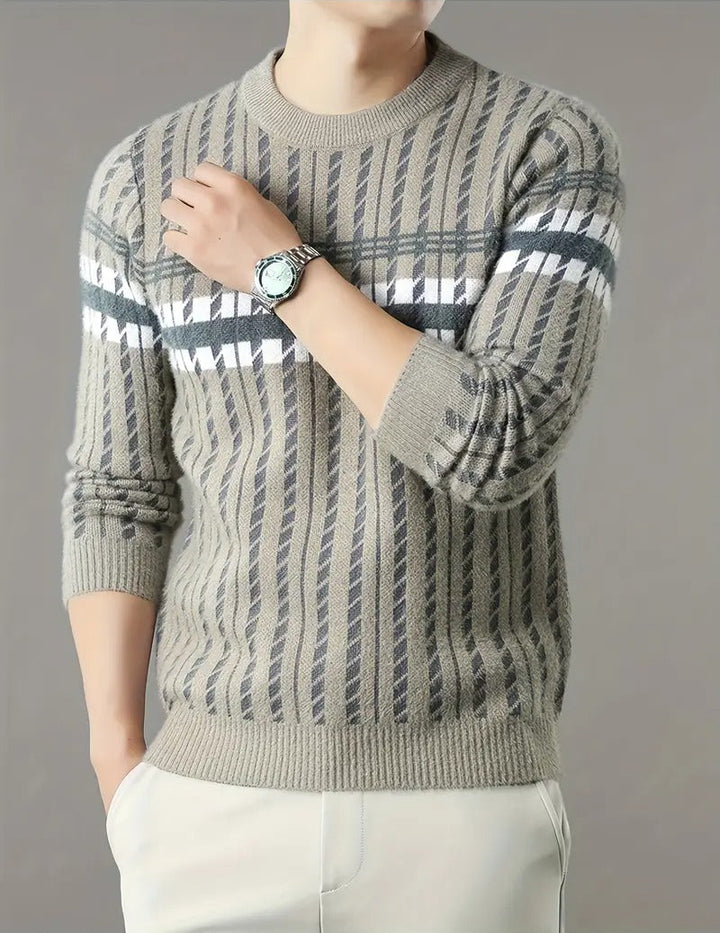 Męski Sweter z Okrągłym Dekoltem i Wzorem w Paski