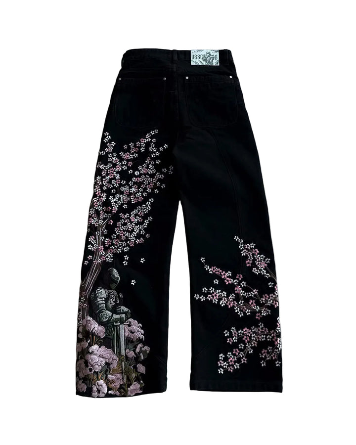 Męskie Dżinsy Wide-leg z Haftowanym Rycerzem i Kwiatami Wiśni