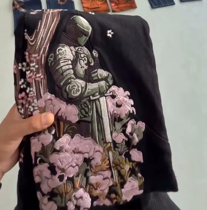 Męskie Dżinsy Wide-leg z Haftowanym Rycerzem i Kwiatami Wiśni