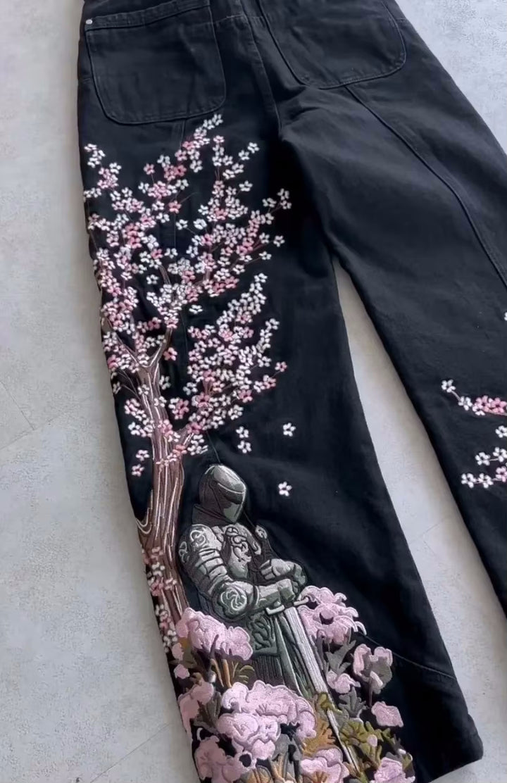 Męskie Dżinsy Wide-leg z Haftowanym Rycerzem i Kwiatami Wiśni