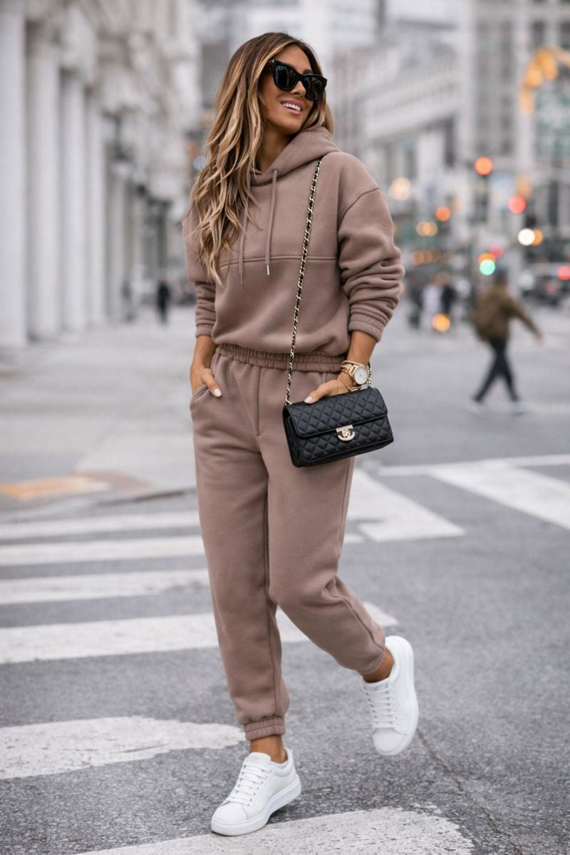 Zestaw Damski z Elastyczną Bluzą z Kapturem i Spodniami